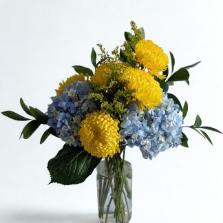 Blueberry Lemonade — Blue Hydrangea & Yellow Mum Vase