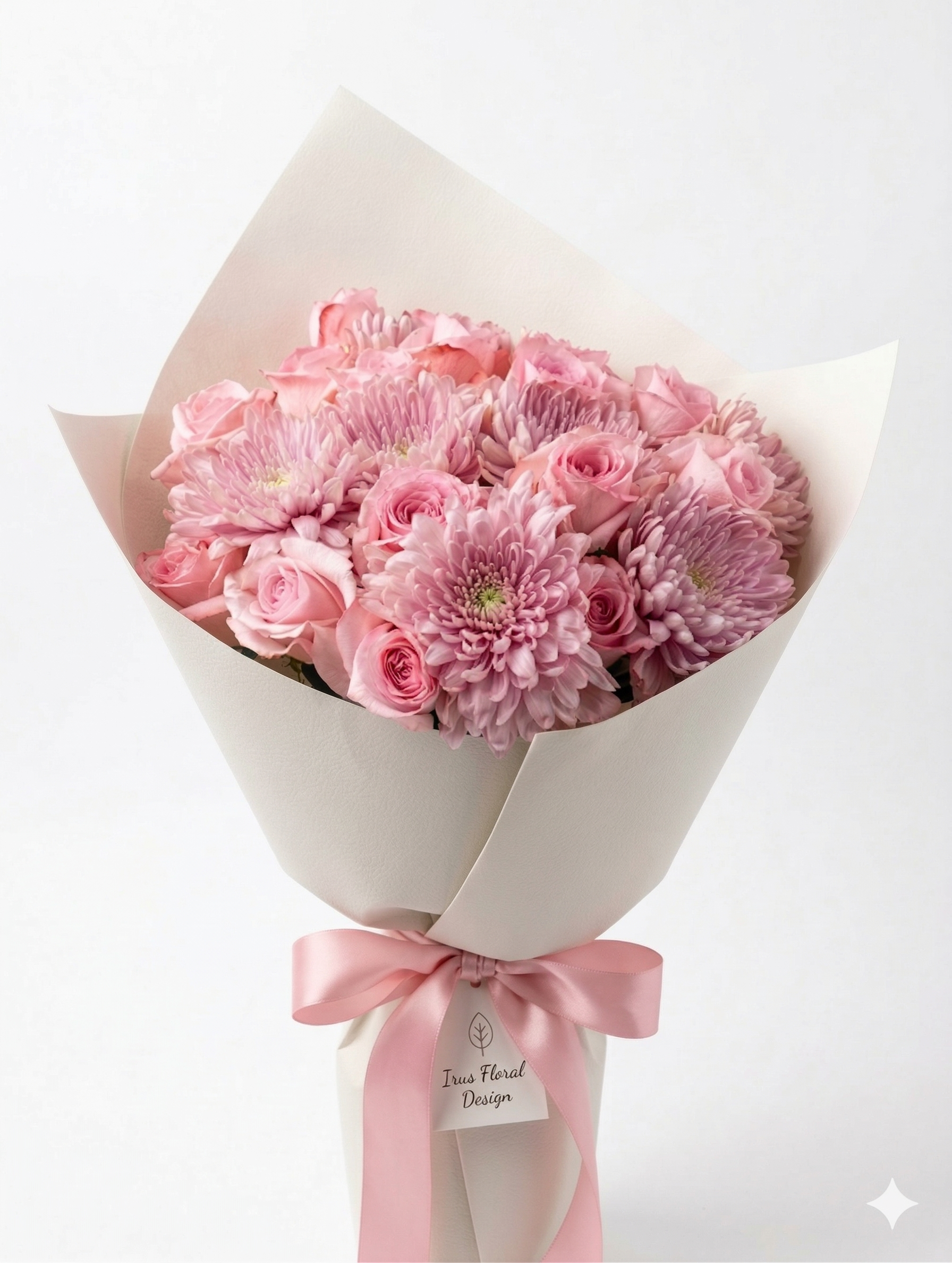Pink rose and mauve chrysanthemum bouquet wrapped in cream paper with pink satin ribbon — Irus Floral Design